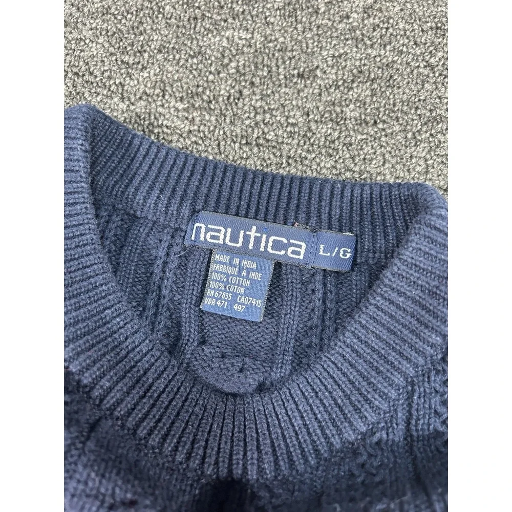 Vintage Nautica Sweater Men Large Cable Knit Rugby Striped‎ Fisherman Preppy Red